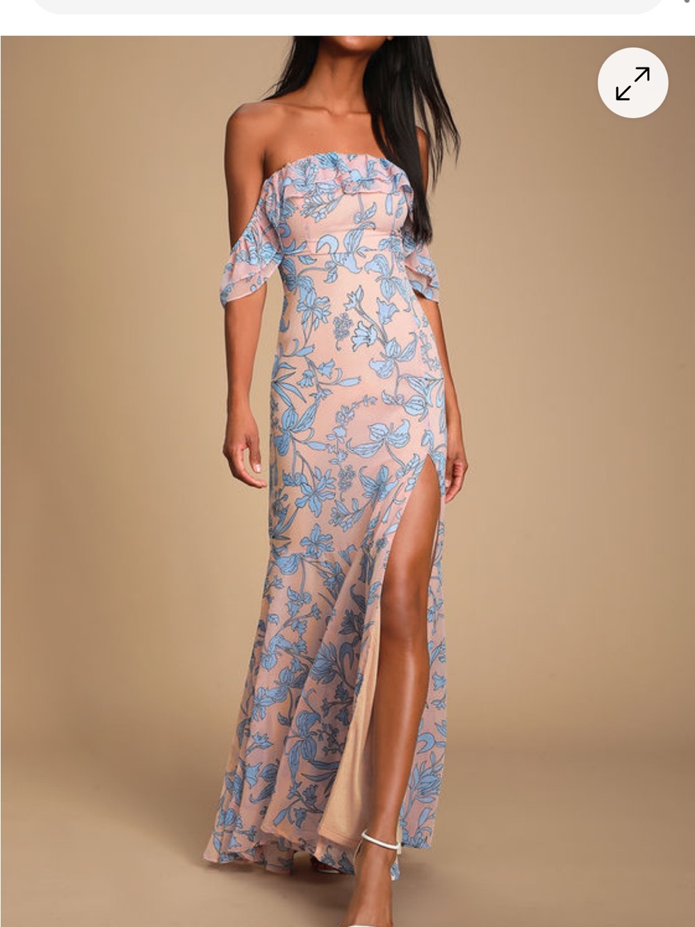 Lulu's Blush Pink One-Shoulder Floral Maxi Dress with Blue Print